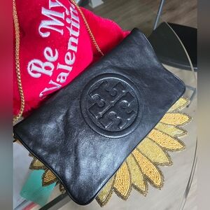 Authentic Tory Burch Black Leather Clutch Or Shoulder Bag